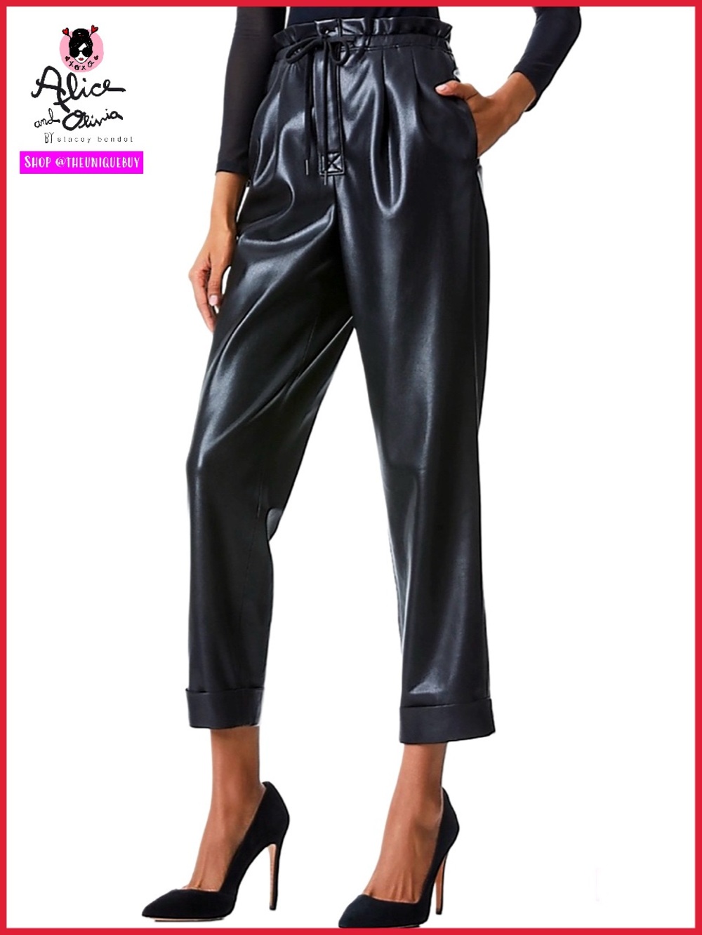 Alice + Olivia Liliana Black Vegan Leather Cropped Ankle Paper Bag Pant